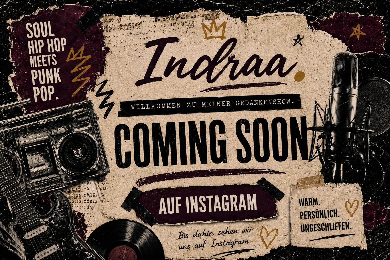Indraa. Coming-Soon-Seite mit Gedankenshow-Artwork und Link zu Instagram