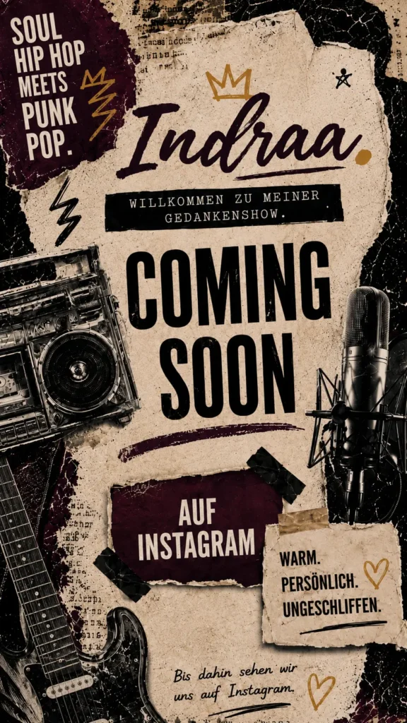 Indraa. Coming-Soon-Seite mit Gedankenshow-Artwork und Instagram-Link
